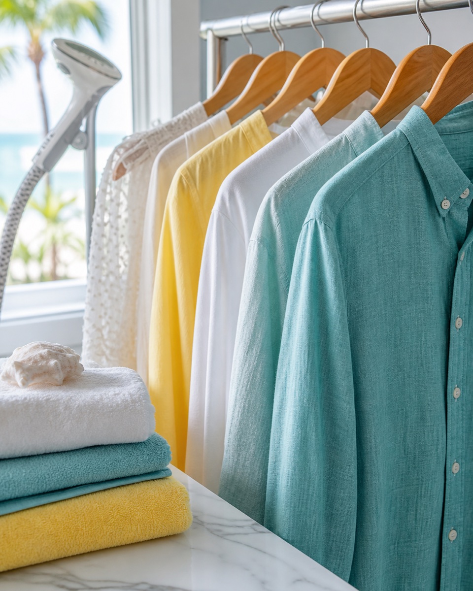 Fresh shirts and folded linens in a garment-care studio