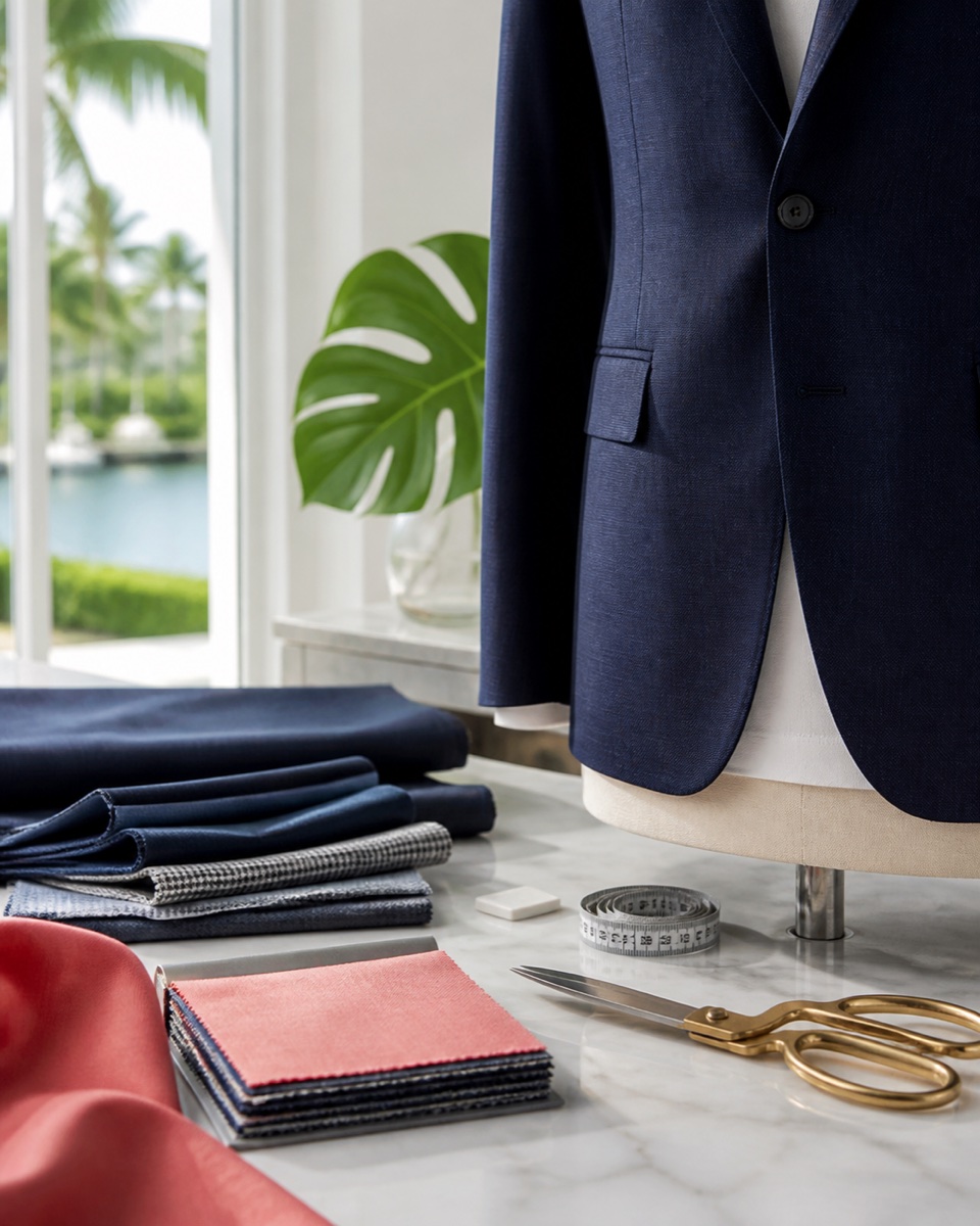 Tailor working with a suit and fabric samples